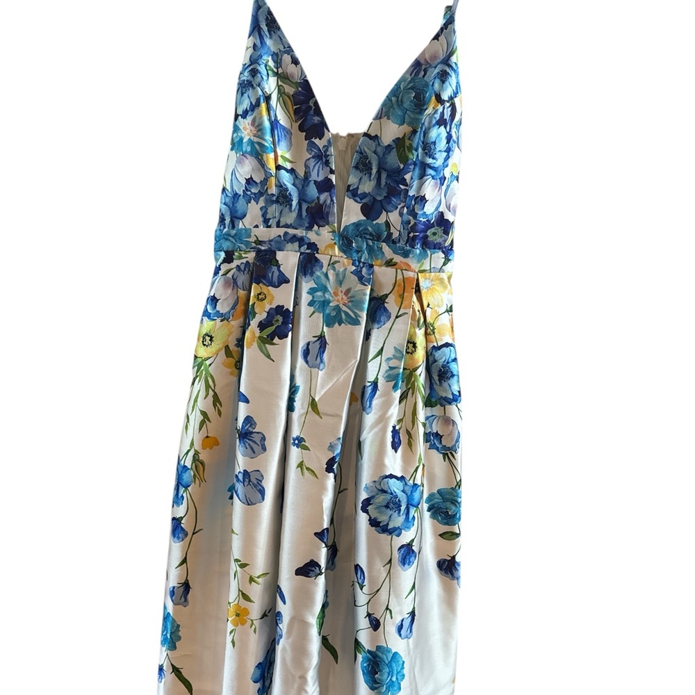 Soieblu Women’s Medium Formal Maxi Dress Blue Yellow Floral Accents Petticoat